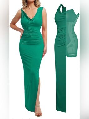 Sleeveless Cowl-Neck Emerald Maxi Dress with Side Slit